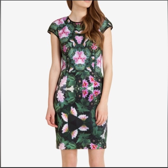 Ted Baker Natural Kingdom Geo Fryio scuba shift dress green& pink floral size 0 - Picture 1 of 4